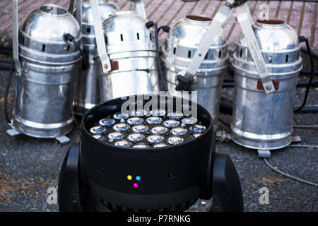 Silver spot light and moving head rgb led system on stage preparation Stock Photo