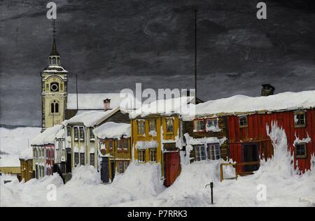 Harald Sohlberg (1869-1935). Norwegian painter. Street in Roros in Winter, 1903. National Gallery. Oslo. Norway. Stock Photo