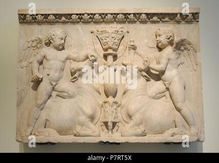 Roman era. Relief with cupids riding bulls from the Temple of Venus Genetrix in the Forum of Caesar, Rome. Early 2nd century AD. National Archaeological Museum, Naples. Italy. Stock Photo