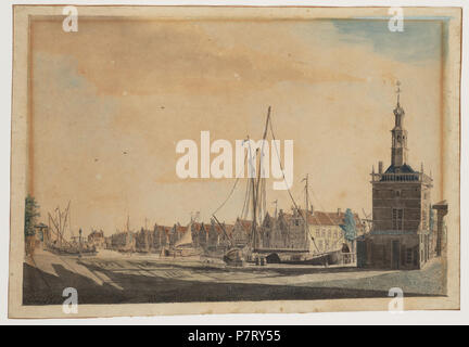 Gezicht op de Voormeer. Op de voorgrond een afgemeerde schuit bij de accijnstoren. In het verschiet de Hoge Brug en rechts de ingang van de Boompoort. Vervaardiger: Crescent, J.A. Catalogusnummer: PR 1004223 . 9 June 2016, 09:48 18 Alkmaar 1809 (26948187843) Stock Photo