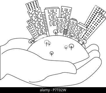 hands lifting half world with buildings Stock Vector