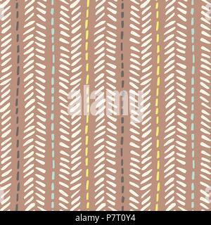 Hand drawn tribal lines and stripes, mimicking folk herringbone stitching on brown background with colorful accents. Vector seamless pattern. Stock Vector