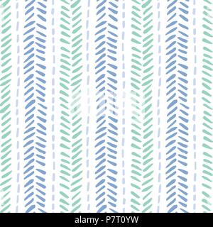 Hand drawn blue tones tribal lines and stripes, mimicking folk herringbone stitching on white background. Vector seamless pattern. Stock Vector
