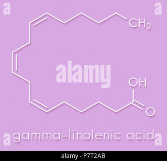 Gamma-linolenic acid (GLA, gamolenic acid) molecule. Omega-6 fatty acid present in many vegetable oils, including evening primrose, chia, hemp and bor Stock Photo