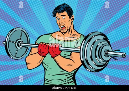 shocked man with a barbell in the gym. Pop art retro vector illustration vintage kitsch drawing Stock Vector