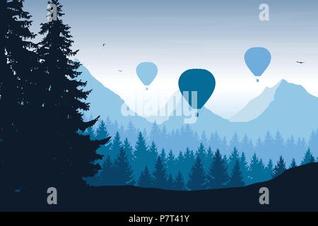 Vector illustration of mountain landscape with forest, flying hot air balloons and birds in blue sky with clouds Stock Vector