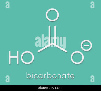 Bicarbonate anion, chemical structure. Common salts include sodium bicarbonate (baking soda) and ammonium bicarbonate. Skeletal formula. Stock Photo