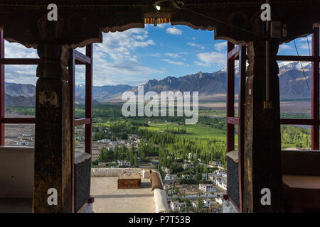 Beautiful green valley landscape view from Thiksey Gompa monastery in Ladakh, India. Stock Photo