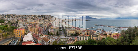 Panorama of Naples, view of the port in the Gulf of Naples and Mount Vesuvius. The province of Campania. Italy. Cloudy day Stock Photo