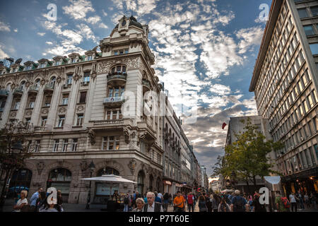 BELGRADE, SERBIA - JUNE 23, 2018: Kneza Mihailova street at dawn, crowded, with Ruski Car cafe in front. Also known as Knez Mihaila, this is the main  Stock Photo