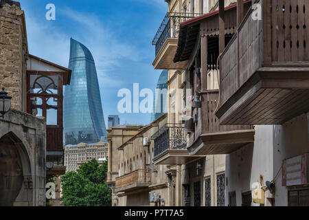 Elegant buildings and The Flame Towers  in Baku,Azerbaijan Stock Photo