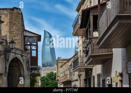 Elegant buildings and The Flame Towers  in Baku,Azerbaijan Stock Photo