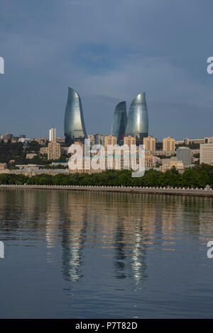 The Flame Towers seen from Baku's Boulevard Park in Baku,Azerbaijan Stock Photo