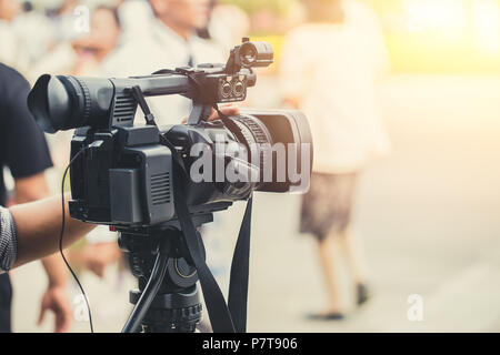 Video media camera man record working broadcast in live streaming online Stock Photo
