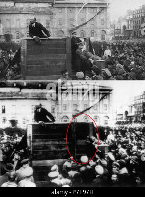 English: Lenin gave a famous speech to a crowd of Soviet troops in Sverdlov Square, Moscow, in 1919. In the foreground was Leon Trotsky and Lev Kamenev. During Joseph Stalin's government, the photograph was edited. 26 February 2018, 15:16:31 243 Lenin's speech Stock Photo