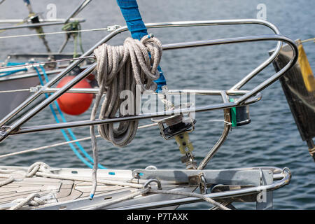 Rigging of deep-sea sailboats. Sailing accessories on a yacht