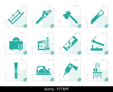 Stylized Woodworking industry and Woodworking tools icons - vector icon set Stock Vector