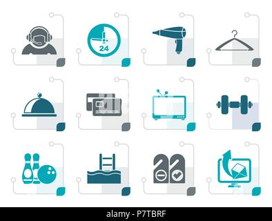 Stylized hotel and motel amenity icons  - vector icon set Stock Vector