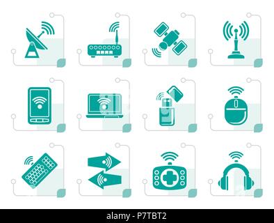 Stylized Wireless and communication technology icons - vector icon set Stock Vector