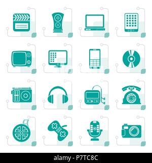 Stylized multimedia and technology icons - vector icon set Stock Vector