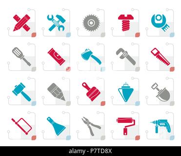 Stylized Construction tools object icons - vector icon set Stock Vector