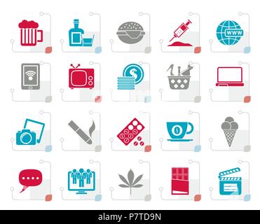 Stylized different types of Addictions icons - vector icon set Stock Vector