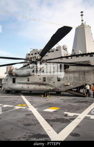 USS New York, LPD 21, Commemorates 9/11/2001, Docked in Hudson River Port, NYC, USA Stock Photo