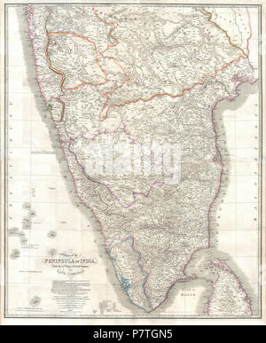 . Map of the Peninsula of India, from the 19th. Degree of North Latitude, to Cape Cormorin.. English: This stunning wall map of India, dating to 1838 is James Wyld's reissued of William Faden's important c. 1799 map of the same region. This is one of the largest and most impressive maps of India to emerge in the 19th century. This chart depicts the subcontinent from Bombay ( Mumbai ) and Aurangabad, south including the northern half of Sri Lanka (Ceylon). Though largely based on the 18th century mapmaking work of James Rennell, Wyld has significantly updated the Faden's cartographic representa Stock Photo