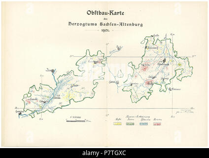 Deutsch: Obstbau-Karte des Herzogtums Sachsen-Altenburg 1901. (Apfel, Birne, Pflaume, Kirsche) 1 : 250.000 English: map of Saxe-Altenburg, showing distribution of different fruit trees (apple, pear, plum, cherry) . 1901 4 Obstbau-Karte des Herzogtums Sachsen-Altenburg 1901 Stock Photo