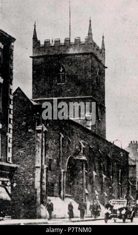 English: Grainy black and white photograph of St Peter's parish church, Bristol, England, taken about 1925. The view is from the northeast showing the nave of the church with the tower behind. On the extreme left and extreme right of the image are buildings of the Castle district, which were heavily bombed in the Bristol Blitz, leaving the area now called Castle Park. In the foreground of the image the street scene includes six people and a motor car. circa 1925 55 St Peter's Church, Bristol, BRO Picbox-4-BCh-35b, 1250x1250 Stock Photo