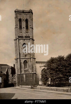 English: Black and white photograph of Temple Church, Bristol, England, taken before the Second World War. The view is from the south of the church showing the lean of the medieval tower. The church was bombed heavily destroying the stores of records kept in the cellars and leaving only the leaning tower and outside walls standing. before 1940 55 Temple Church, Bristol, BRO Picbox-4-BCh-38, 1250x1250 Stock Photo