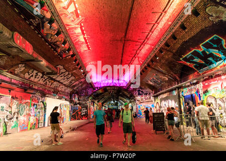 London, 7th July 2018. Several performances and installations are arranged in the illuminated Leake Street Tunnel, an art and graffiti space underneath Waterloo Rail. Art Night 2018 features 12 special projects curated by Hayward Gallery and over 50 presented in Art Night Open curated by cultural organisations and creatives throughout South Bank, Vauxhall and Nine Elms. Credit: Imageplotter News and Sports/Alamy Live News Stock Photo