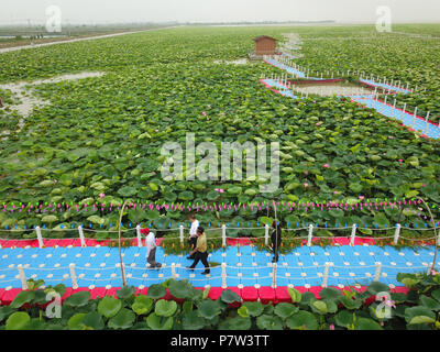 Huai'an, China's Jiangsu Province. 8th July, 2018. Aerial photo shows tourists view a lotus pond in Laozishan Town of Huai'an, east China's Jiangsu Province, July 8, 2018. Credit: Wan Zhen/Xinhua/Alamy Live News Stock Photo