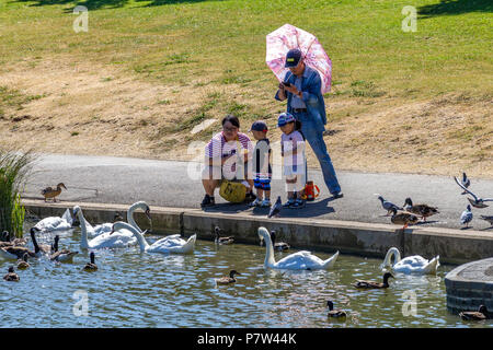 Northampton. U.K. 8th July 2018. Weather. People enjoying the cooler air  by the lake in Abington Park before the heat of the day it's quite busy this morning after a empty park yesterday afternoon with eveyone watching the football. Credit: Keith J Smith./Alamy Live News Stock Photo