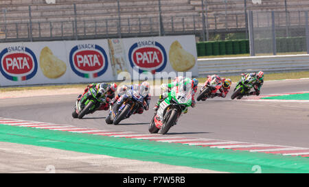 Misano, Italy. 08th July, 2018. July 8, 2018 - Turn 1, action during the WorldSBK Race 2 of the Pirelli Riviera Di Rimini Round on July 8 2018 at Misano World Circuit 'Marco Simoncelli'', Italy Credit: Dario Dominin/AFP7/ZUMA Wire/Alamy Live News Credit: ZUMA Press, Inc./Alamy Live News Stock Photo