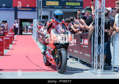 Misano, Italy. 08th July, 2018. Marco Melandri, ITA, Ducati Panigale R, Aruba.it Racing. 8th July, 2018. Ducati, action during the WorldSBK Race 2 of the Pirelli Riviera Di Rimini Round on July 8 2018 at Misano World Circuit 'Marco Simoncelli'', Italy Credit: Dario Dominin/AFP7/ZUMA Wire/Alamy Live News Credit: ZUMA Press, Inc./Alamy Live News Stock Photo