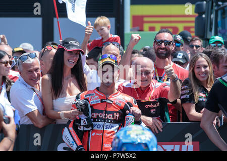 Misano, Italy. 08th July, 2018. Marco Melandri, ITA, Ducati Panigale R, Aruba.it Racing. 8th July, 2018. Ducati, action during the WorldSBK Race 2 of the Pirelli Riviera Di Rimini Round on July 8 2018 at Misano World Circuit 'Marco Simoncelli'', Italy Credit: Dario Dominin/AFP7/ZUMA Wire/Alamy Live News Credit: ZUMA Press, Inc./Alamy Live News Stock Photo