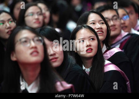 Beijing, China. 8th July, 2018. Graduates attend the 2018 commencement ceremony of Tsinghua University held in Beijing, capital of China, July 8, 2018. Over 3,000 graduates attended the ceremony on Sunday. Credit: Ju Huanzong/Xinhua/Alamy Live News Stock Photo
