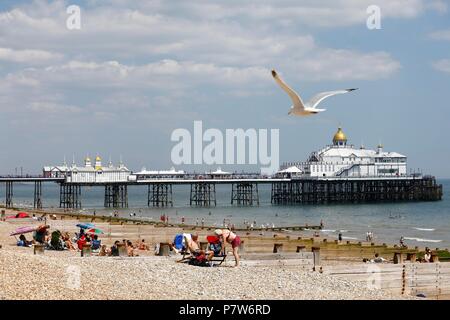 Eastbourne, UK. 8th Jul 2018. UK weather. Day trippers enjoy another fine day by the pier at Eastbourne, East Sussex, UK. Credit: Ed Brown/Alamy Live News Stock Photo