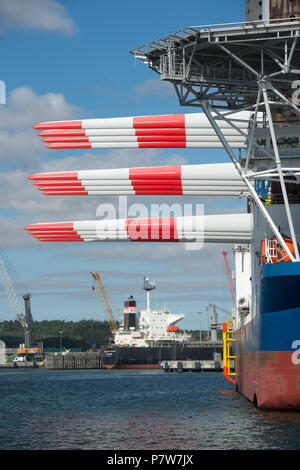 Sassnitz, Germany. 02nd July, 2018. The wind turbine installation vessel SEA CHALLENGER heads out from Mukran Port laden with parts for the Arkona offshore wind farm. Credit: Stefan Sauer/dpa-Zentralbild/dpa/Alamy Live News Stock Photo