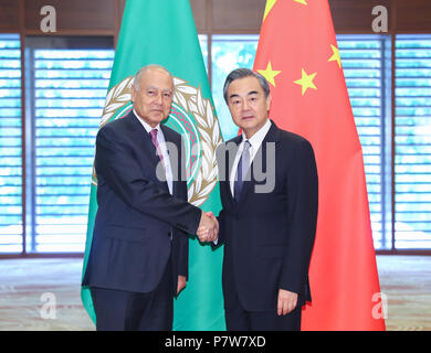 Beijing, China. 8th July, 2018. Chinese State Councilor and Foreign Minister Wang Yi (R) holds talks with the Arab League (AL) Secretary General Ahmed Aboul-Gheit in Beijing, capital of China, July 8, 2018. Aboul-Gheit has come to attend the eighth ministerial meeting of China-Arab States Cooperation Forum (CASCF) scheduled for July 10. Credit: Xie Huanchi/Xinhua/Alamy Live News Stock Photo