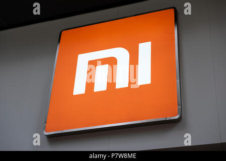 Hong Kong, China. 08th July, 2018. Chinese multinational technology company Xiaomi logo at its flagship store in Mong Kok, Hong Kong. Chinese mobile phone and technology giant Xiaomi is set to have their 'IPO' Initial public offering in the Hong Kong stock exchange on 9th July 2018 hoping to raise 6 billion Hong Kong dollars. Credit: SOPA Images Limited/Alamy Live News Stock Photo