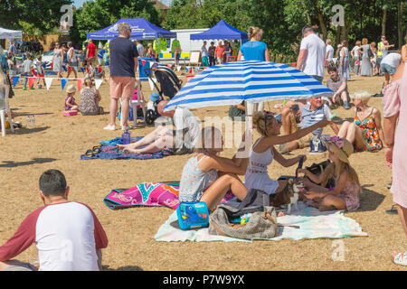 Cheshire, UK. 08 July 2018Stockton Heath Festival in Cheshire, England, UK, held their eleventh fete on the events field where hundreds of people braved the heatwave and enjoyed themselves Credit: John Hopkins/Alamy Live News Stock Photo