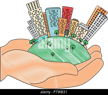 hands lifting half world with buildings Stock Vector