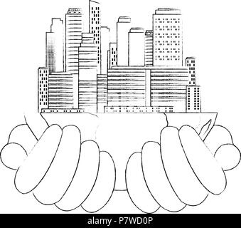 hands lifting half world with buildings Stock Vector