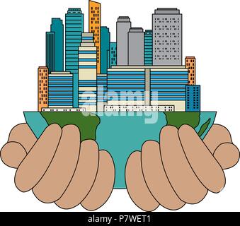 hands lifting half world with buildings Stock Vector