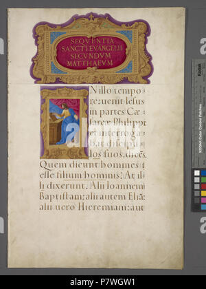 . Opening of gospel of Matthew, with title and miniature of Matthew in elaborate borders..  Listed in De Ricci, Seymour, Census of Medieval and Renaissance Manuscripts in the United States and Canada. New York. N.Y.: H.W. Wilson, 1935; and Supplement, New York, N.Y.: Bibliographical Society of America, 1962. Ownership : Executed for Cardinal Alexander Farnese who presented it to Pope Paul III (1534-49); purchased ca. 1800 by Charles Towneley; Towneley sale (1883) to Quaritch; sold 1889 to Robert Lenox Kennedy. 1-line and 4-line gold, red and blue initials, some with decoration surrounding them Stock Photo