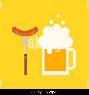 Beer mug with foam and sausage on a fork. Sausage on barbecue fork. Grilled sausage. Vector illustration flat design. Isolated. Stock Vector