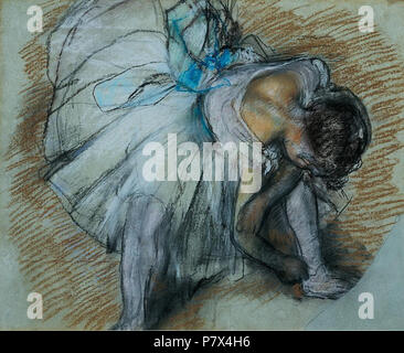 English: Dancer Adjusting Her Shoe by Edgar Degas, 1885. Pastel on paper, 18 ¾ x 23 ½ in., Dixon Gallery and Gardens . 1885 141 Edgar Degas - Dancer Adjusting Her Shoe, 1885. Pastel, Dixon Gallery