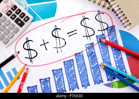 Simple savings or retirement formula written on a hand drawn bar chart surrounded by calculator, books and pencils. Stock Photo